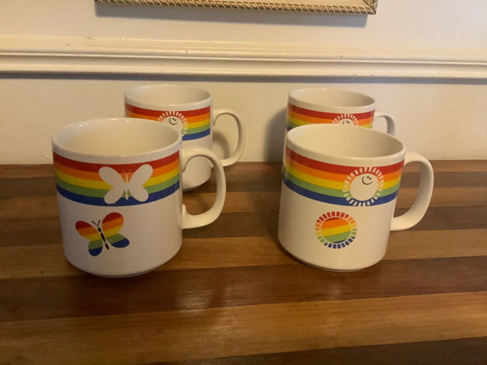 4 RUSS Berrie Rainbow Stripe Smiley Face Sun Mug Cup Pride LGBT Vtg butterfly