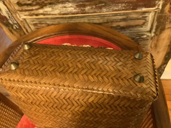 Vtg beads Woven Purse Handbag Basket Wooden Wicker Rattan Zipper Handle Clutch