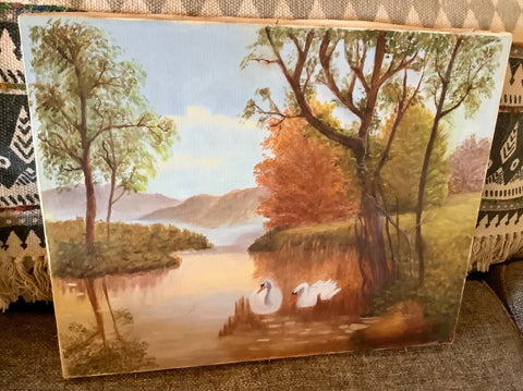 Vintage Swans Birds Landscape Artist Original Oil Painting mountains pond