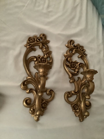 Vintage Pair (2) Syroco Style Wall Candle Holder/Sconce Gold Gilt Homco 4118