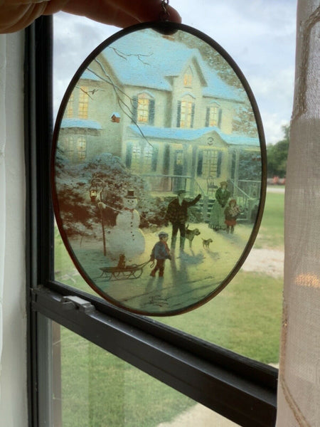 Vtg Thomas Kinkade Oval glass Panel - Suncatcher.