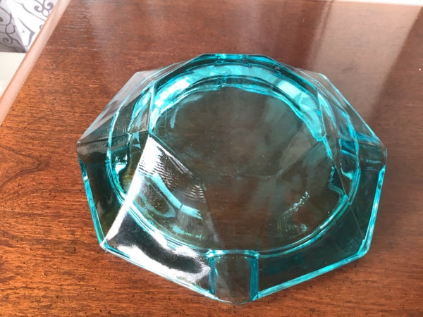 Vintage Aqua Blue Heavy Ashtray Dish Mid-Century Modern mcm retro Glass
