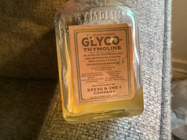 VINTAGE GLYCO THYMOLINE glass Bottle with cap lab medical medicine antique