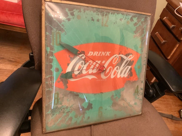 Vintage 1950s Coca Cola  coke Green Red Lighted Clock as is