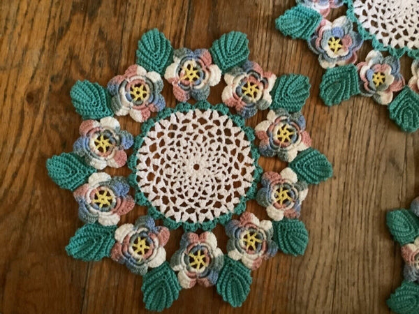 VTG Lot 3 Crocheted Large Round Doily Raised Flower Design pink blue green white