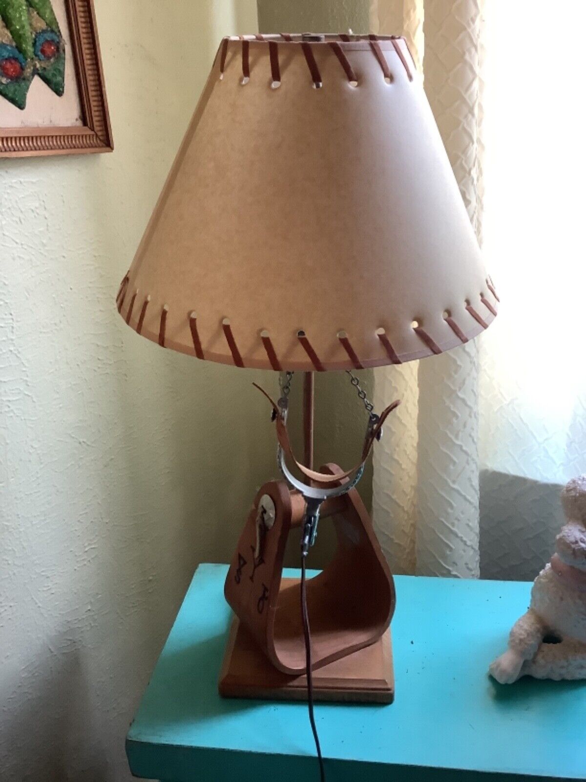 VTG Bent Wooden wood Western Branded Stirrup Lamp with shade