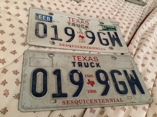 Vtg 1836 1986 TEXAS  PASSENGER  pair LICENSE PLATES 019 9GW Sesquicentennial