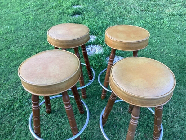 Vtg Gilbert USA 4 mid Century modern MCM Wood Vinyl Swivel Bar Stools chairs