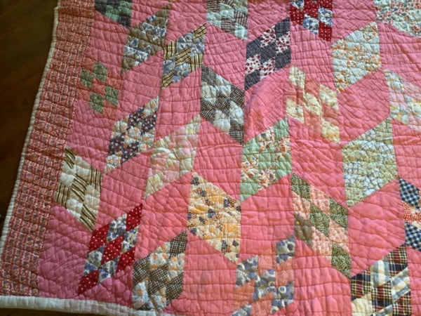 Vtg Homemade Pink Cotton Patchwork Quilt Patch 68 by 78 inches