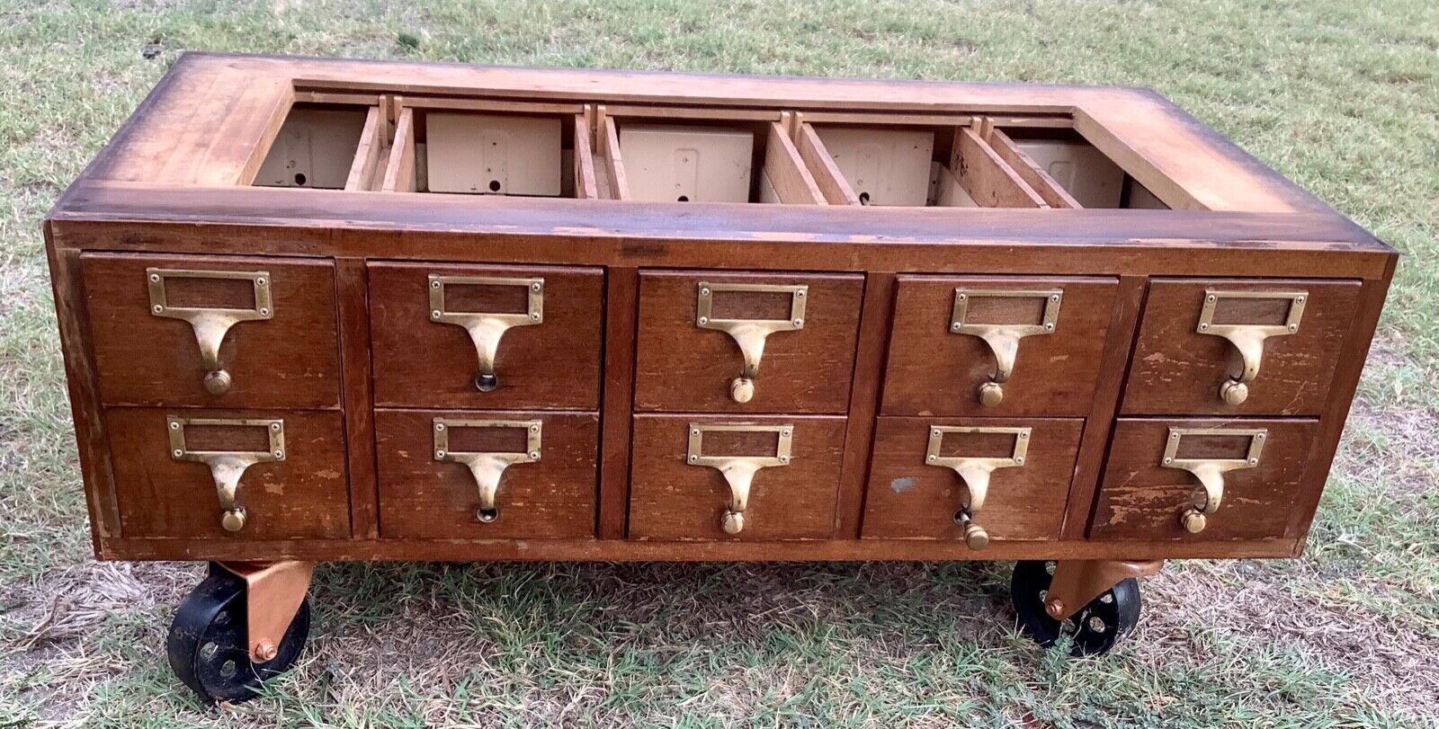 Vintage Wood Library Card File Catalog Cabinet 10 Drawer with wheels