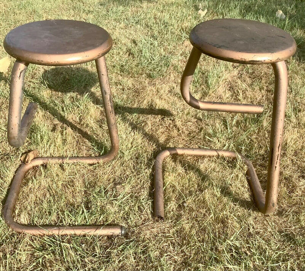 Vtg pair mid century Industrial Metal shop bar stools chairs