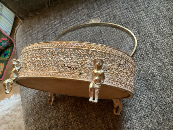 Vintage Gold Tone Filigree Beveled Glass Cherub Angel Footed Jewelry Casket Box