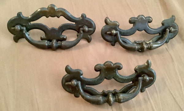 Set 3 Vtg Solid Brass Chippendale Style Drop Bail Drawer furniture pulls handles