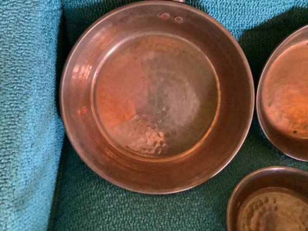 Vintage Hammered Copper brass Skillets Set of 3 Wood Handles Cookware Pan