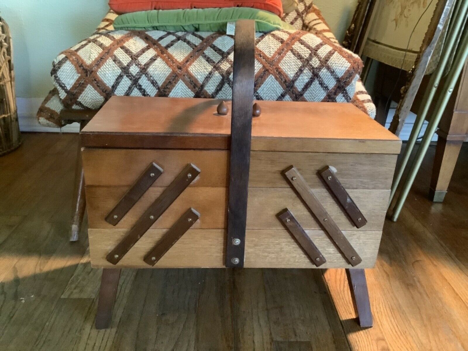 Vintage wood Mid Century Accordion  Wood Sewing Box chest cabinet full contents