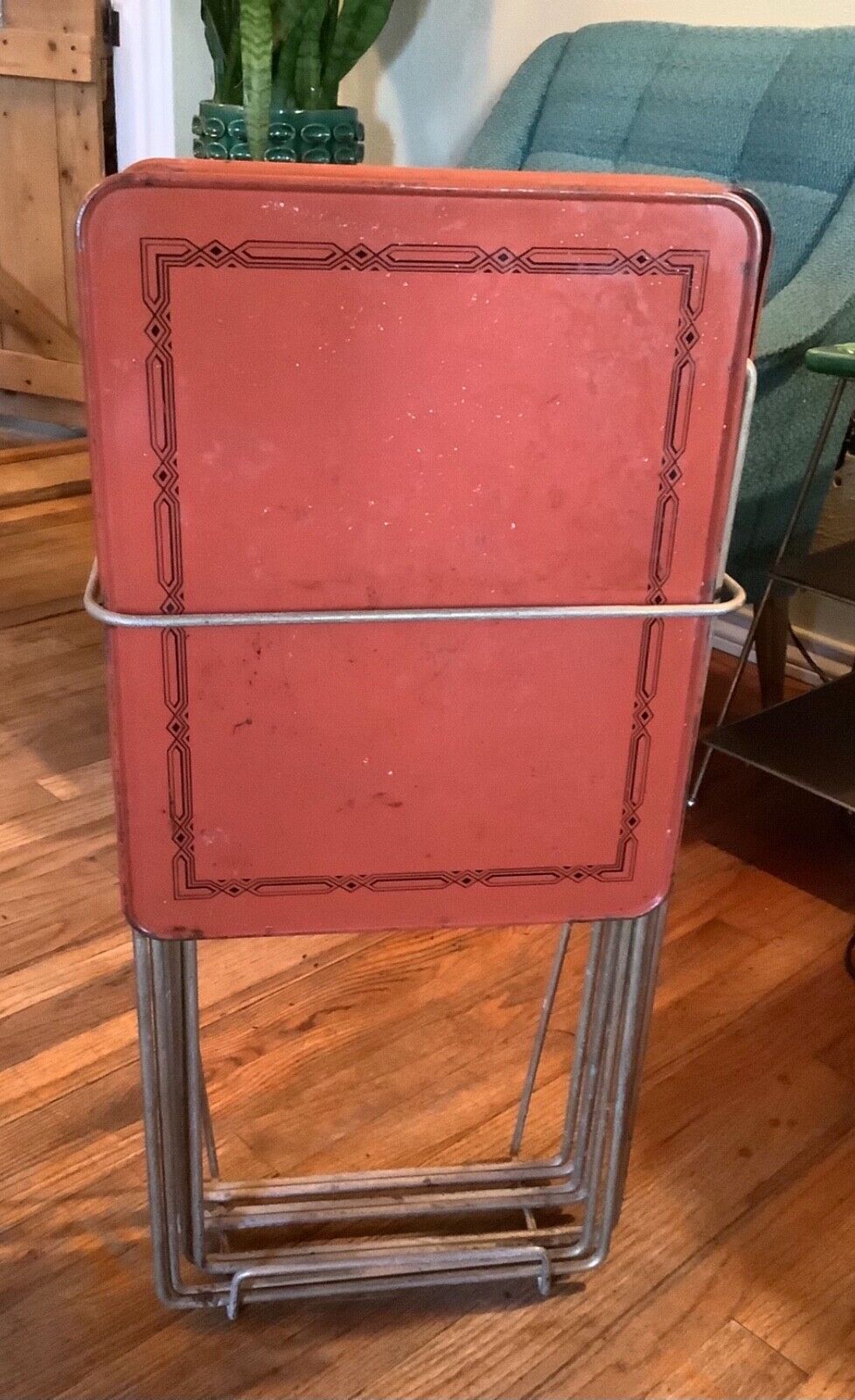 Vintage MCM Metal Durham Handi-Table Folding TV Trays w/ Stand