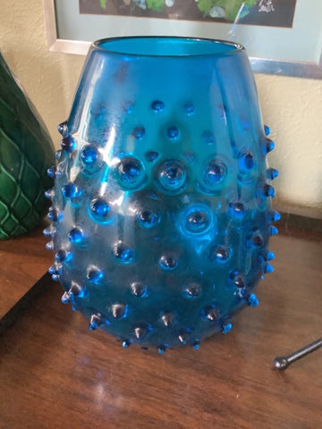 Vintage Mid Century Modern Empoli Blue Glass Seed Pod Spike Hobnail Vase  Italy