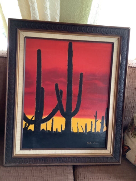 Vtg Painting sunset Landscape Desert Saguaro Cactus Mountains Southwest 1978