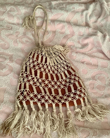 Vintage Brown tan Hand Crochet  Drawstring Bucket Bag purse handbag hand made