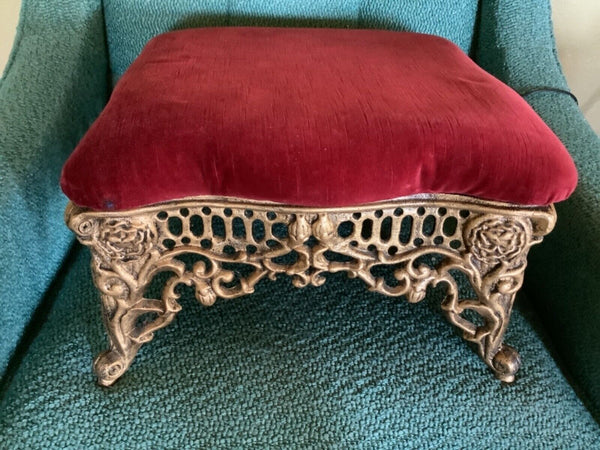 VTG Ornate Gold Cast Iron Footstool stool & French fleur de lis Red felt