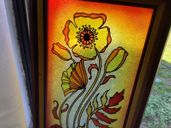 Vtg Stained Glass Wall Hanging Picture flower floral Wood Frame window catcher