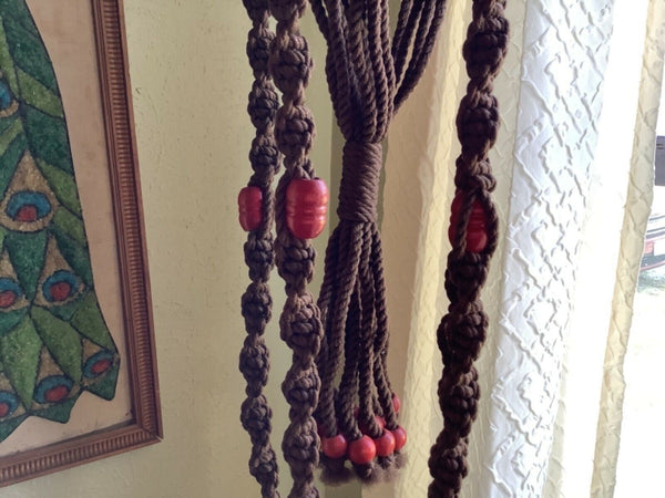 Vintage Brown Macrame Plant Hanger Woven Boho Braided LARGE Wood Beads