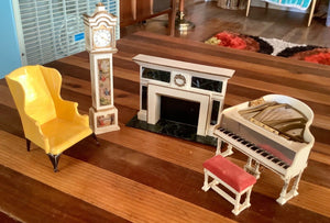 Ideal Dollhouse Furniture Lot  Fireplace Chair Piano bench grandfather clock
