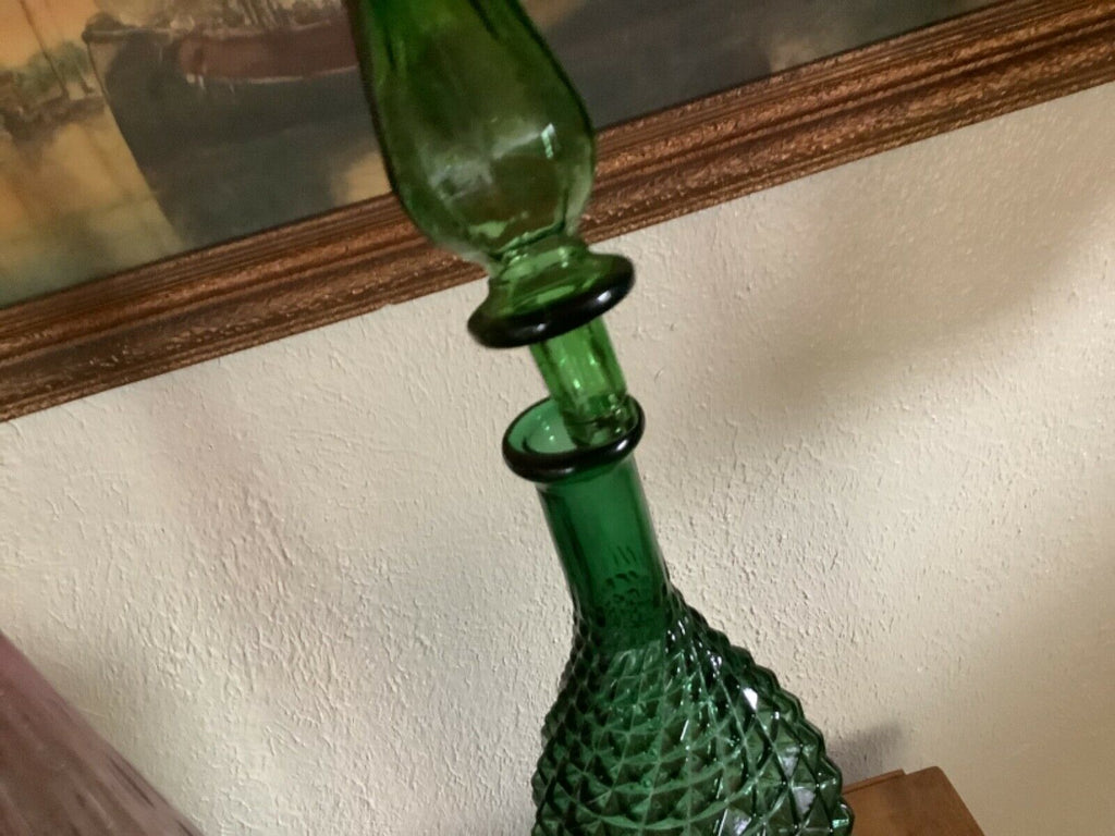 Vintage Empoli Art Glass Genie Bottle Green Hobnail mid century modern