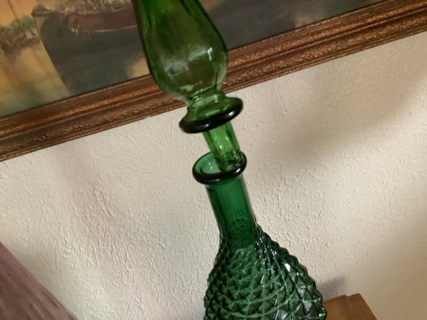 Vintage Empoli Art Glass Genie Bottle Green Hobnail mid century modern mcm