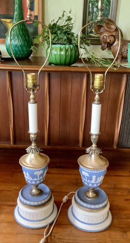 Pair Vtg antique Wedgwood Blue Jasperware Brass table desk Lamps No Shades