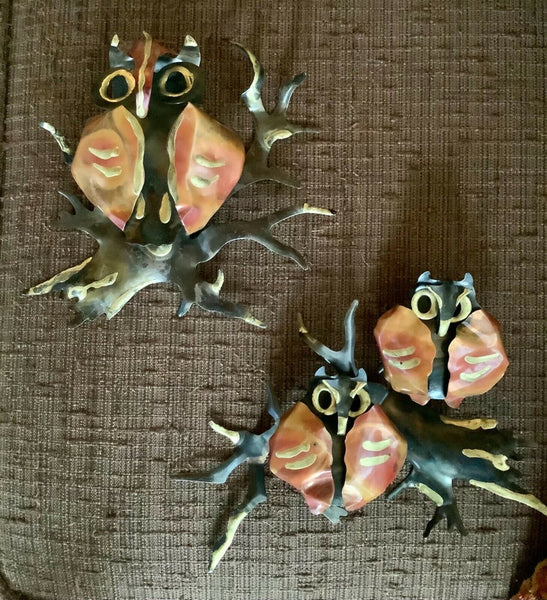 Vtg pair Mid Century HOMCO Brass & Copper Metal Owl Pair tin Wall Art sculpture