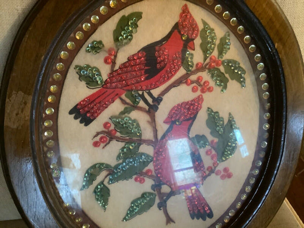 Vintage Red Birds Felt Art oval wood wooden frame Framed