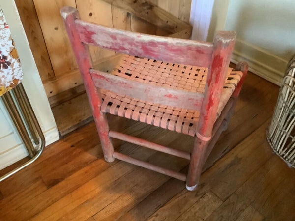 Vintage Antique primitive woven seat Solid Wood Childs Chair painted cottage