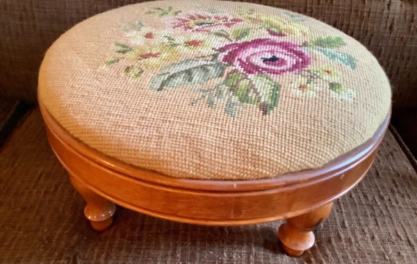 Antique foot Stool Needlepoint Seat Roses floral Blue Multi-Color footstool wood