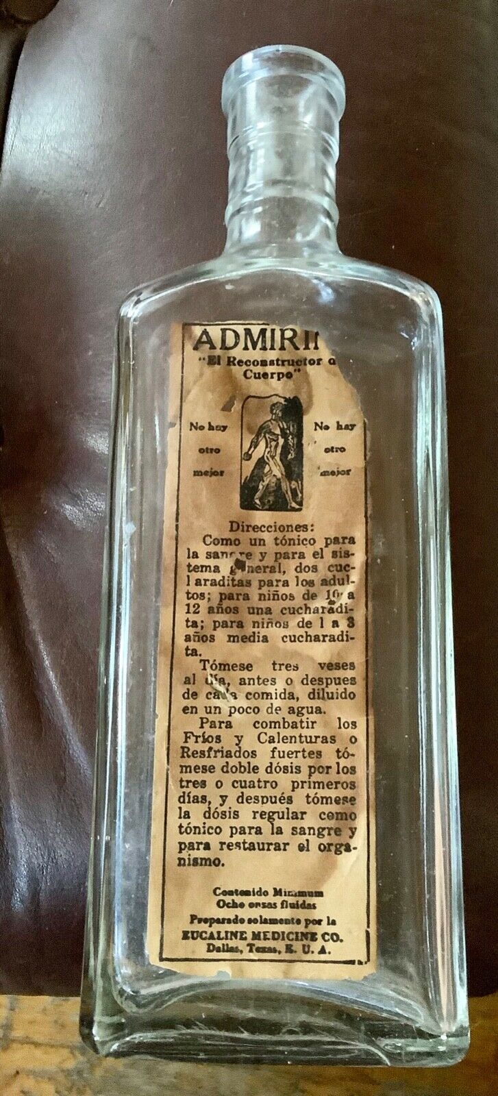 THE EUCALINE MEDICINE CO. Glass Bottle with label Vtg antique Dallas Texas