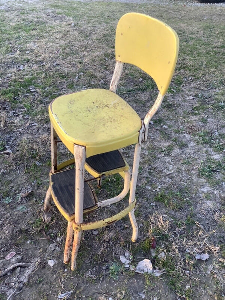 MCM Vintage Yellow Cosco Kitchen Step Stool Chair Pull Out Steps  mid century