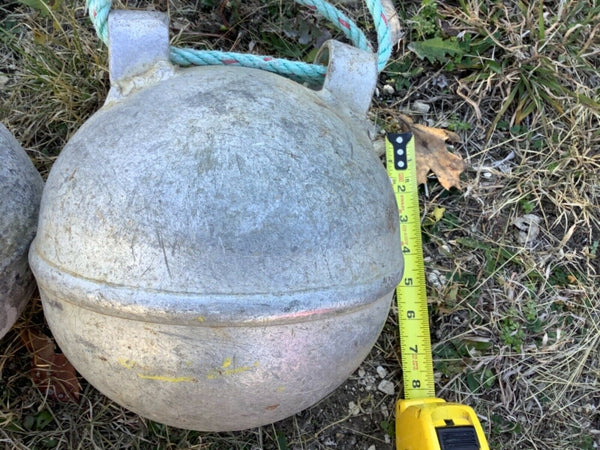 Vtg pair Antique Deep Sea metal zinc float buoy BELL with rope