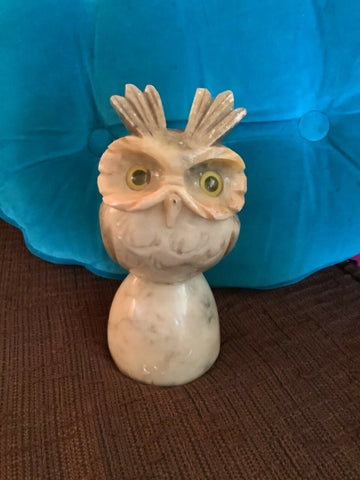 Vintage Stone Statue Figurine carved Alabaster Owl bird  mid century modern