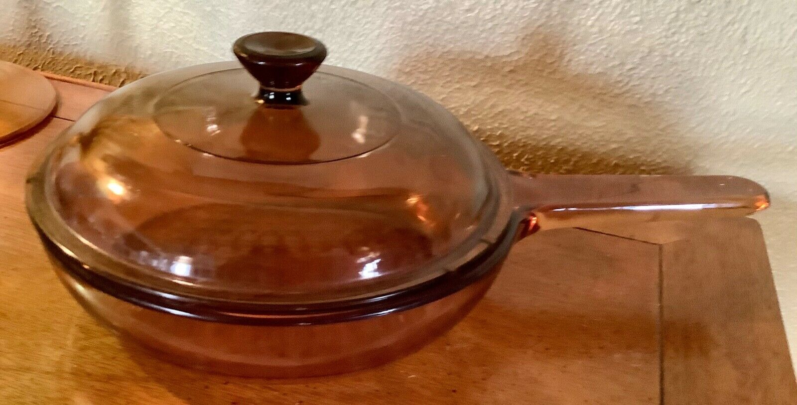 Vision Ware France Inch Amber Waffle Glass Skillet Frying Pan w/ Lid VTG