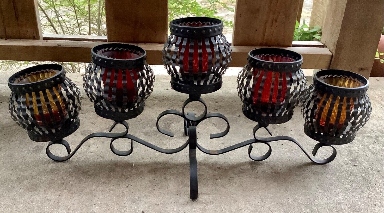 Vintage Wrought Iron and Glass votives Table Top Candelabra candle holder gothic