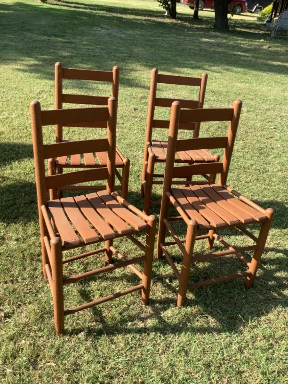 Vintage set 4 Farmhouse cottage mission slatted wood Shaker kitchen table Chairs