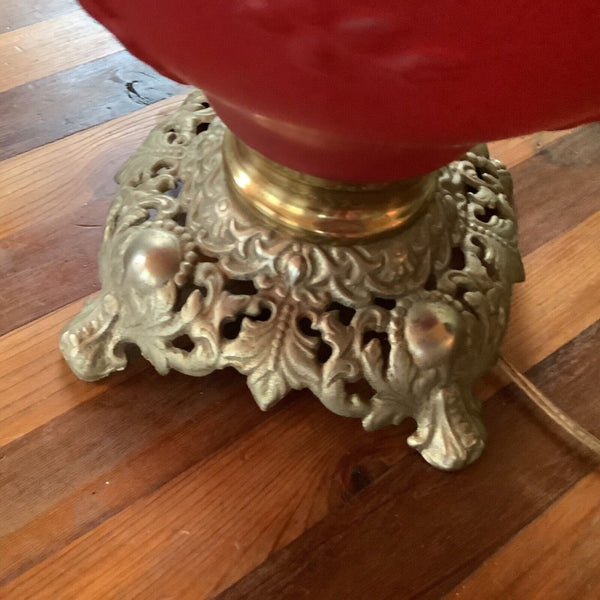 Antique Victorian GWTW Red Satin Glass Oil Lamp Kerosene Parlor Lamp vintage