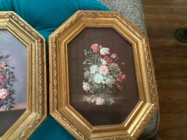 Pair Of Vintage Floral Pictures Octagon Gilded Wood Frames Made In Italy