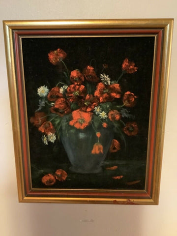 Vintage Framed Velvet Painting with Flowers gold frame
