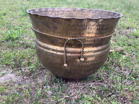 VTG  hammered Brass Planter Pot India ribbon