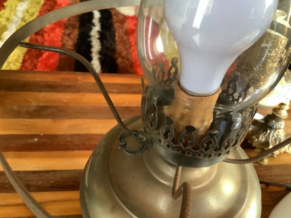 Vtg antique silver Hurricane Oil Electric Lamp milk Glass shade globe chimney