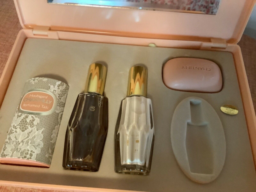 vintage charming rare Chantilly mirror makeup case perfume powder soap