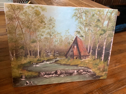Vintage House cottage Landscape Artist Original Oil Painting creek trees signed