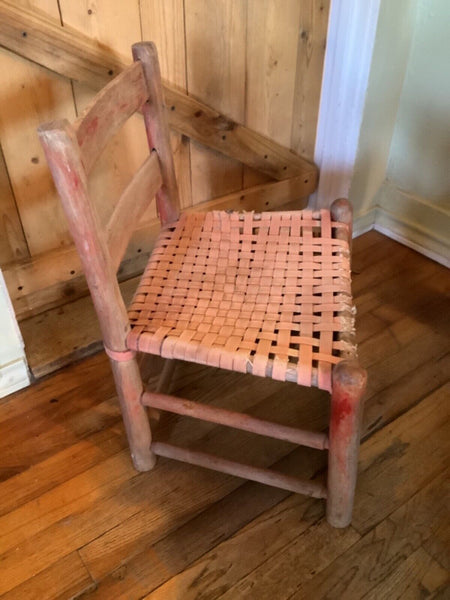 Vintage Antique primitive woven seat Solid Wood Childs Chair painted cottage