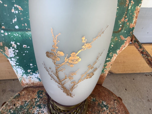 Vtg Table Lamp White Satin frosted Glass Gold Tree Asian Japanese Chinese